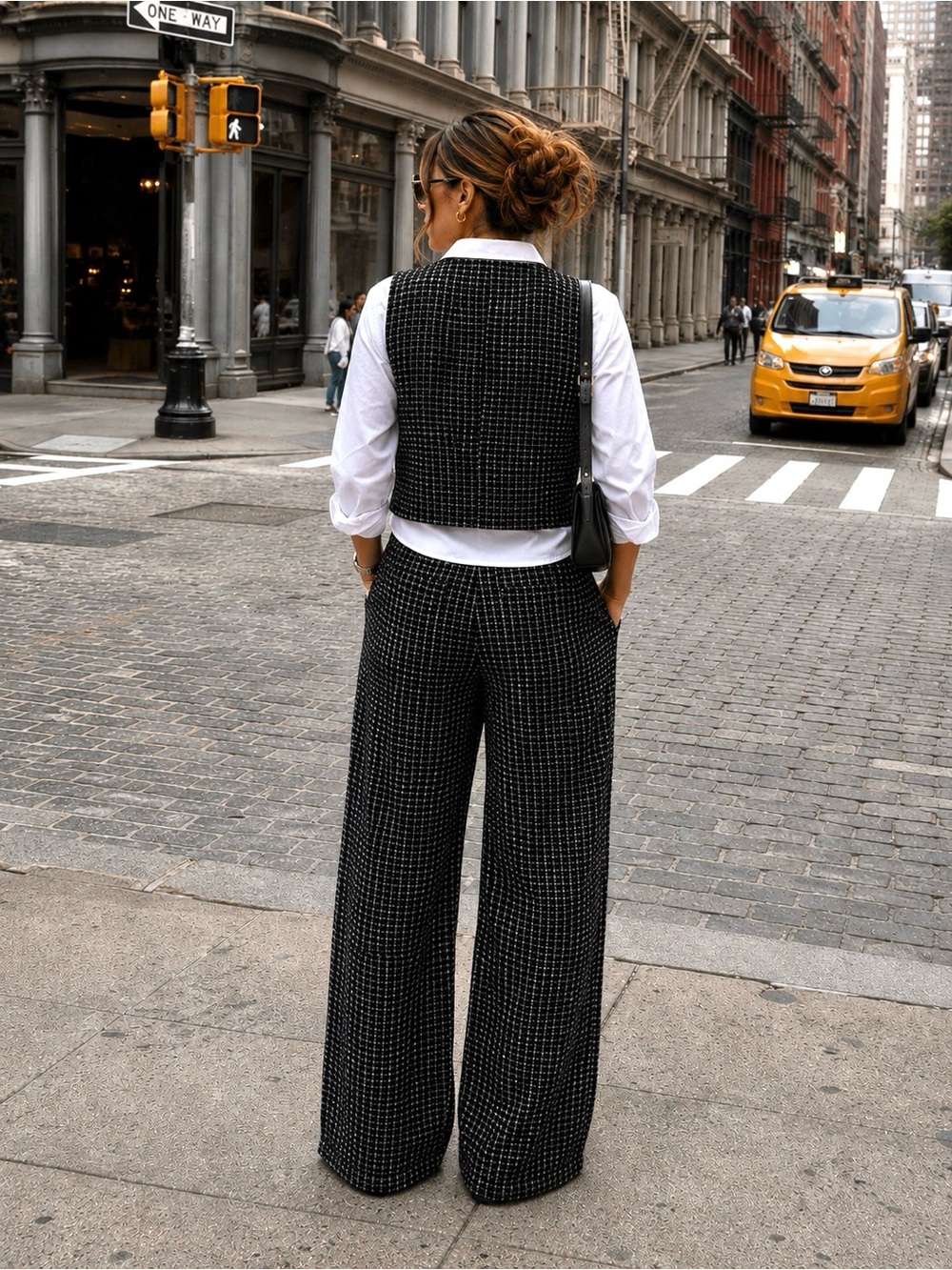 Set of Black Tweed Wide-Leg Pants and short buttoned top - Picture 2 of 6